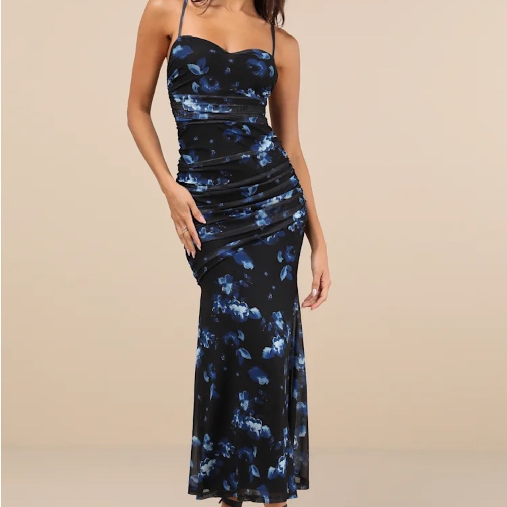 Lulus Flirty Phenomena Black Floral Mesh Drop Waist Maxi Dress